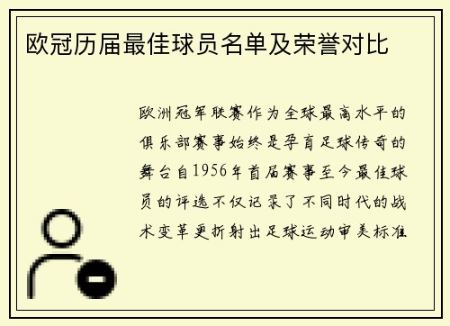 欧冠历届最佳球员名单及荣誉对比