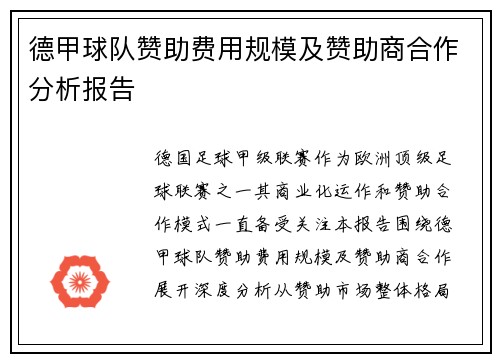 德甲球队赞助费用规模及赞助商合作分析报告
